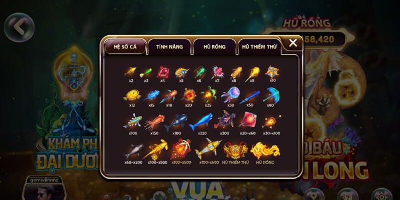 Hệ thống sinh vật game bắn cá Thần Rồng đa dạng 